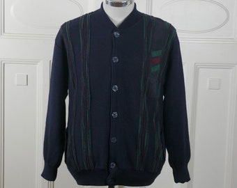 Navy Blue Cardigan, Italian Vintage Wool Blend Knit Button-Down Sweater: Size 42 Short (42S) US/UK