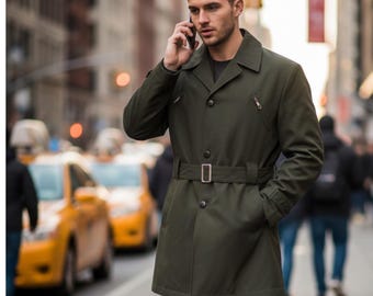 Vintage Olive Green Military Jacket - Belted Quilted Lining, Size 42 US/UK
