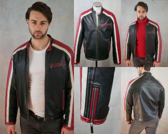 Black Leather Racing Jacket 80s Vintage Menswear Size 42