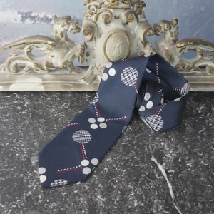 1970s Wide Necktie, Abstract Polka Dot Pattern in Gray White and Red on a Navy Blue Background, European Vintage Tie
