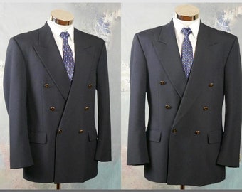 Navy Blue Double-Breasted Blazer, European Vintage Dark Blue Wool Blend Jacket with Peak Lapels, Made in Finland: Size Large (40 US/UK)