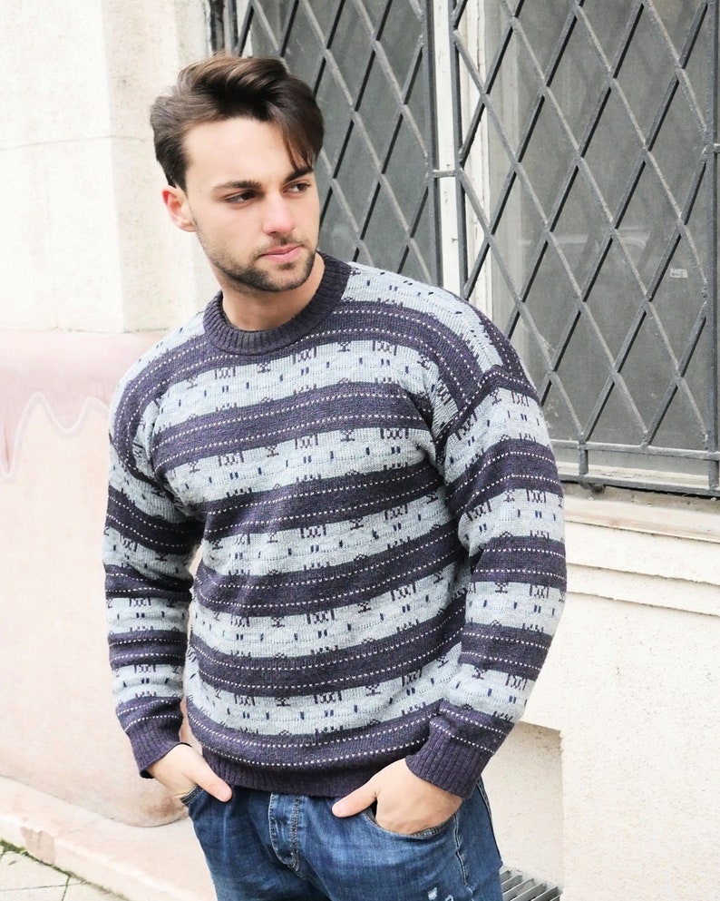 Purple & Gray Striped Sweater, 1990s European Vintage Soft Wool Blend Winter Knit Pullover: Size 42 to 44 US/UK image 1