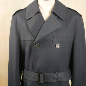 Vintage Trench Coat, 90s Dark Navy Blue Double-Breasted Belted Long Duster Overcoat image 3