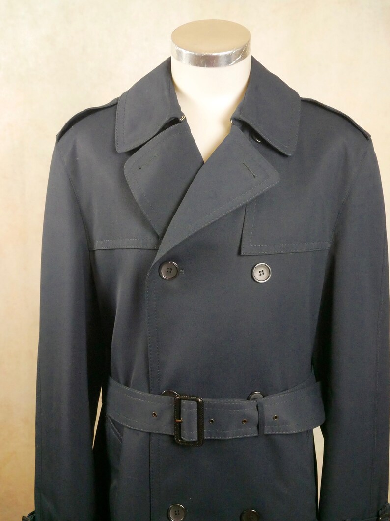 Vintage Trench Coat, 90s Dark Navy Blue Double-Breasted Belted Long Duster Overcoat image 3