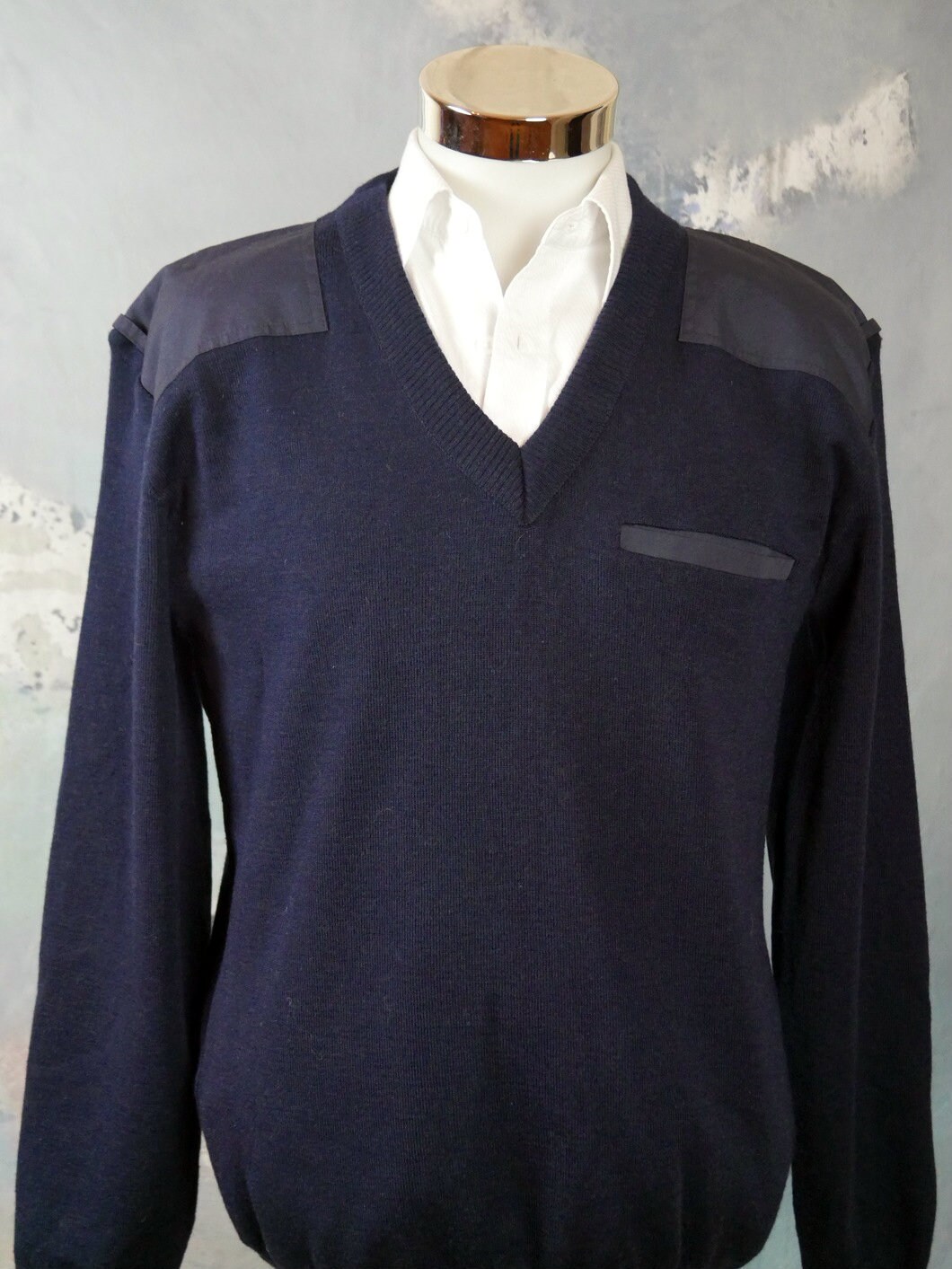 Milan V-Neck Sweater Navy Blue w/Light Grey Elbow Patch Xs