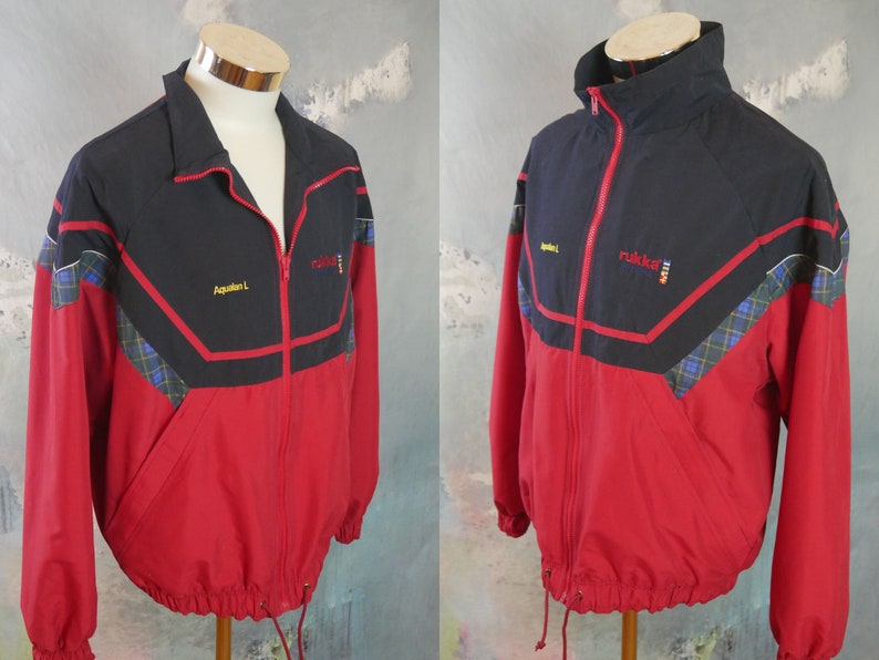 Red &Navy Blue Jacket, 1990 vintage européen Zippered Rukka Sport Brise-vent: Taille grande 40 à 42 US / UK image 2