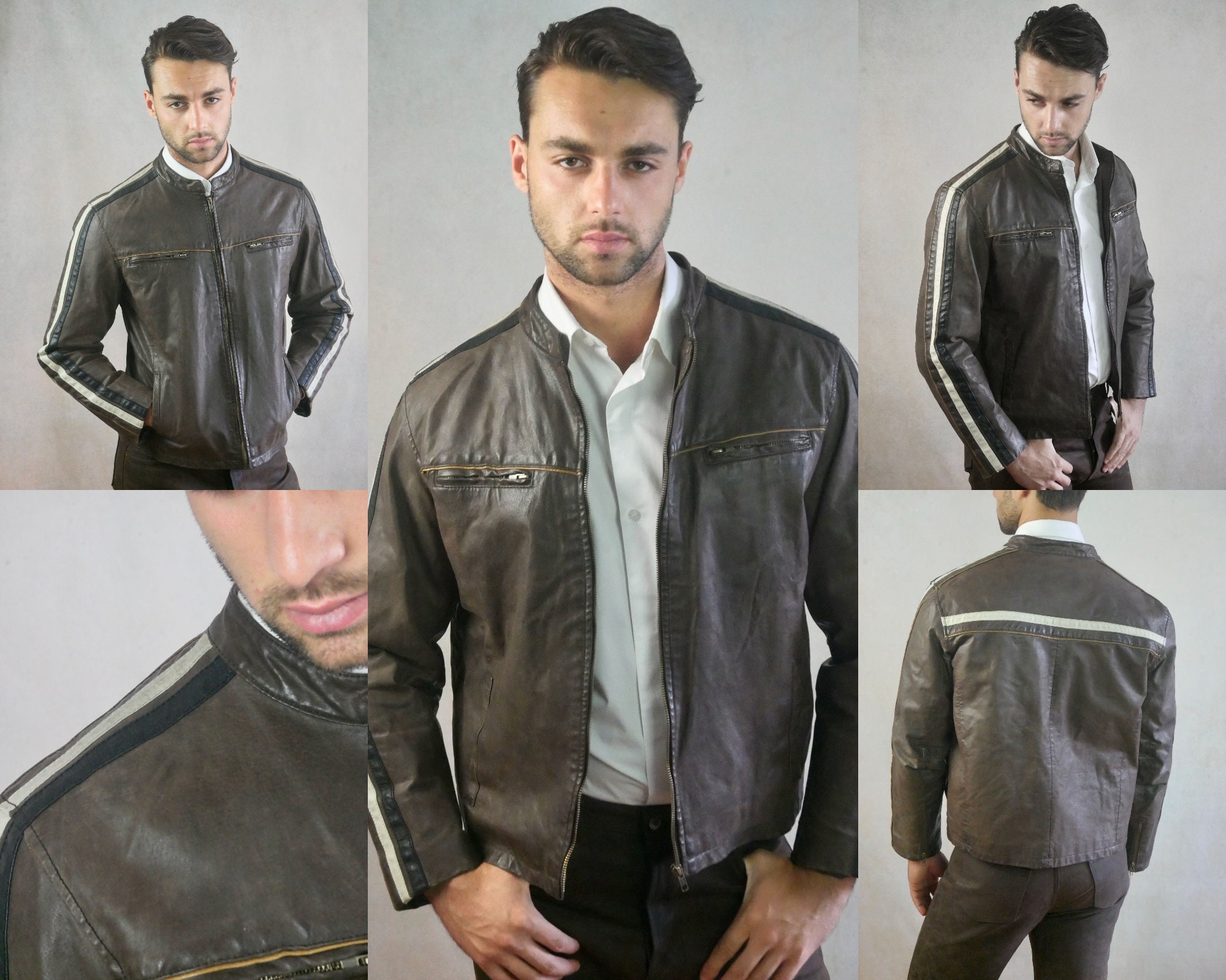80s Vintage Brown Leather Jacket With Racing Stripes on - Etsy