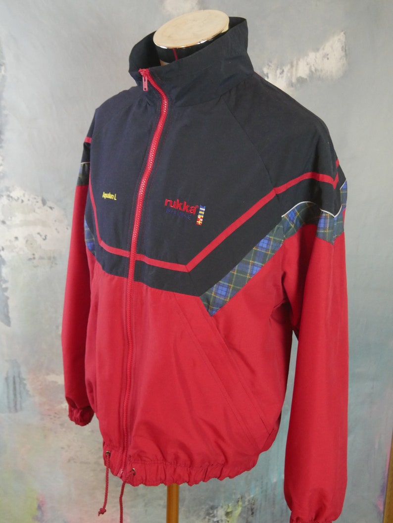 Red &Navy Blue Jacket, 1990 vintage européen Zippered Rukka Sport Brise-vent: Taille grande 40 à 42 US / UK image 8