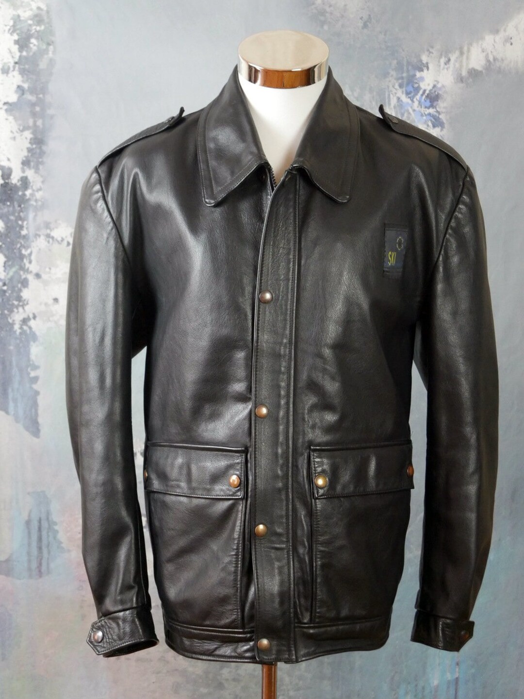 1980s Black Leather Jacket, Retro European Vintage Ski Patrol