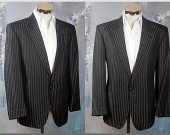 Black & Silver Striped Blazer, European Vintage Wool Blend Single-Breasted Jacket, Retro Menswear: Size Large (40 US/UK)