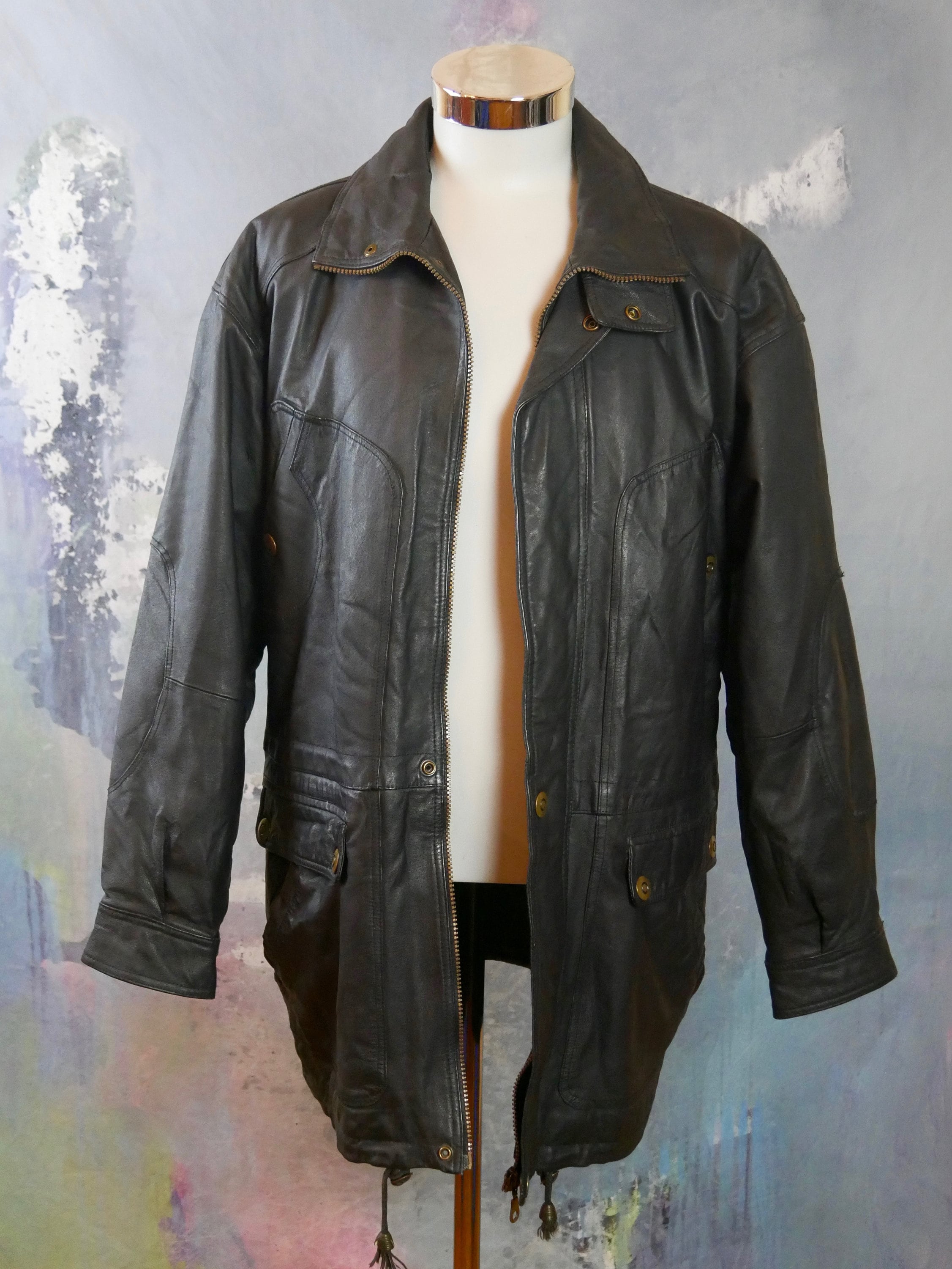Long Black Leather Jacket, 1990s European Vintage Genuine
