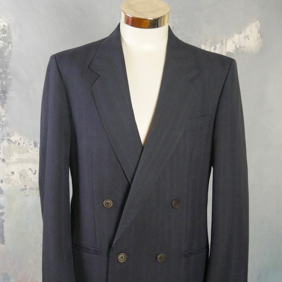 Navy Blue Double-Breasted Pinstripe Blazer, Europ… - image 10