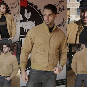 Tan Suede Jacket, 1990s European Vintage Cardigan Collegiate Blouson Style Soft Camel Color Leather Coat: Size 40 US/UK