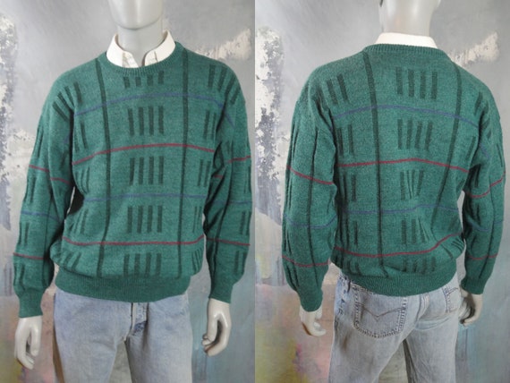 1980s Turquoise Green Crew Neck Sweater with Bloc… - image 1
