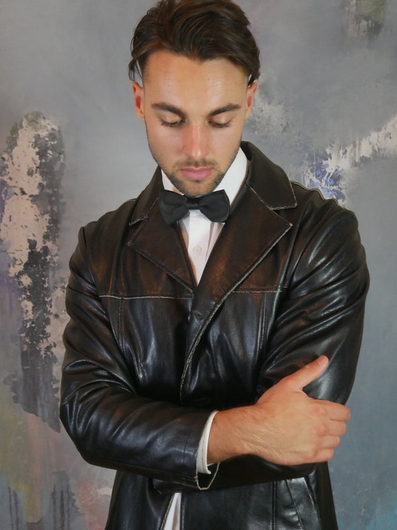 Black Faux Leather Jacket, 1990s German Vintage: Size… - Gem