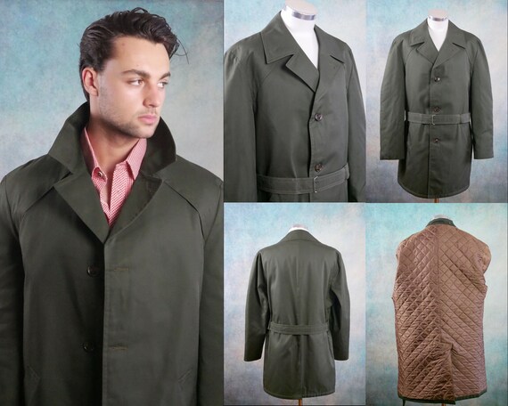 Vintage Trench Coat, Mens Olive Green 1970s Belted Duster Vintage Trench Coat, Mens Olive Green 1970s Belted Duster