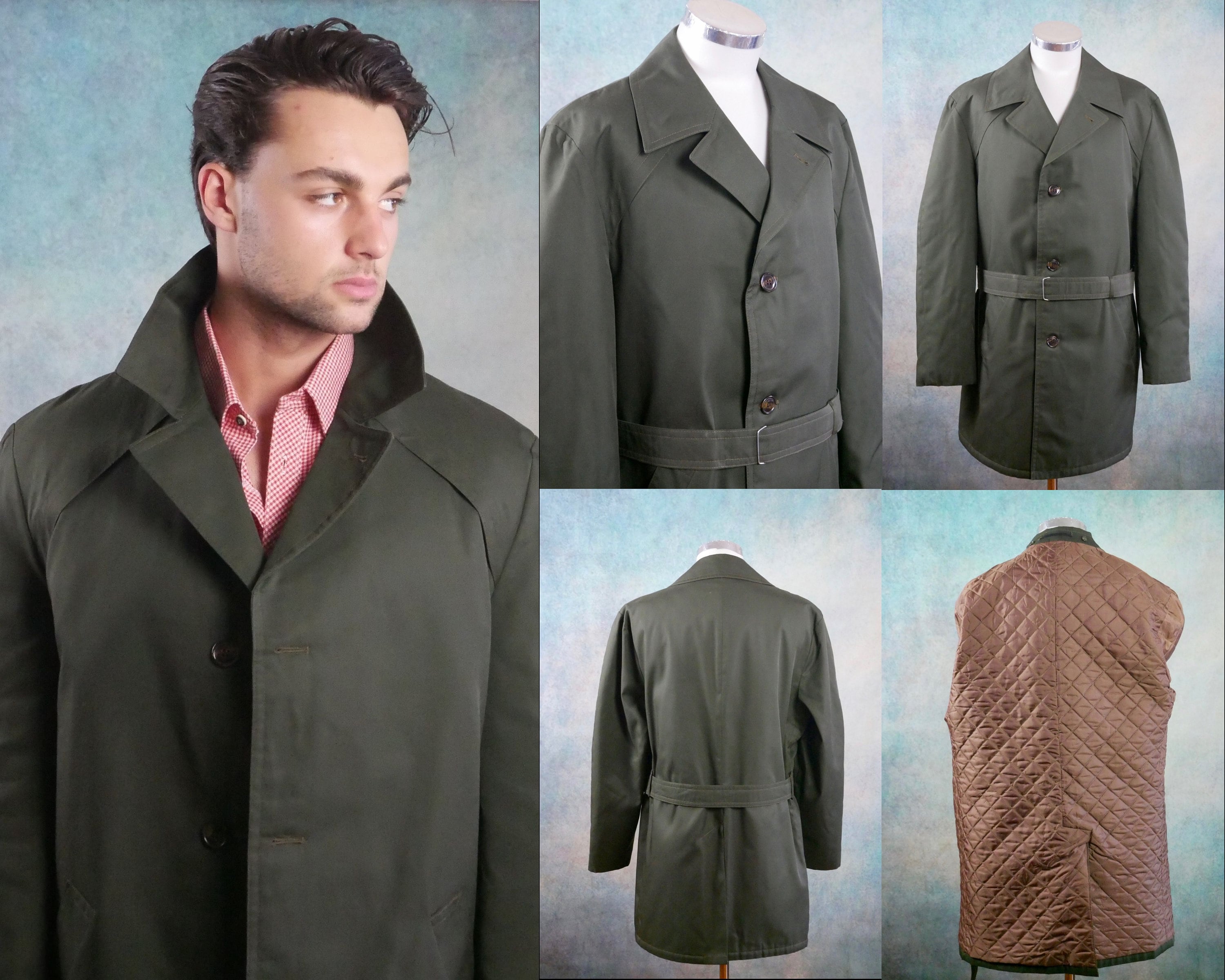Vintage Trench Coat, Mens Olive Green 1970s Belted Duster Vintage Trench Coat, Mens Olive Green 1970s Belted Duster