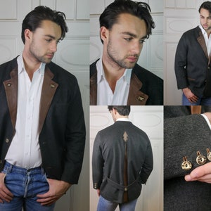 80s Etienne Aigner Jacket, Charcoal Gray Wool with Tan Leather Lapels, Extra Large