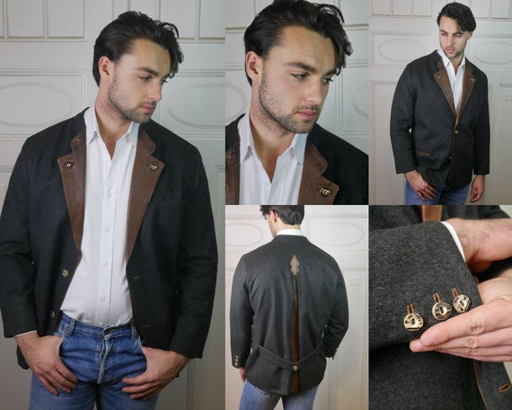 80s Etienne Aigner Jacket, Charcoal Gray Wool With Tan Leather Lapels,  Extra Large - Etsy
