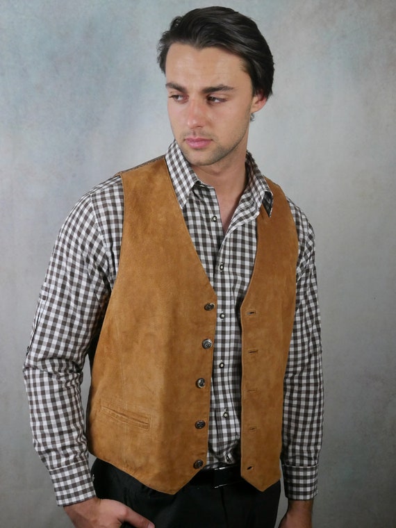 Tan Leather Vest, European 90s Vintage Pointed-Fr… - image 2