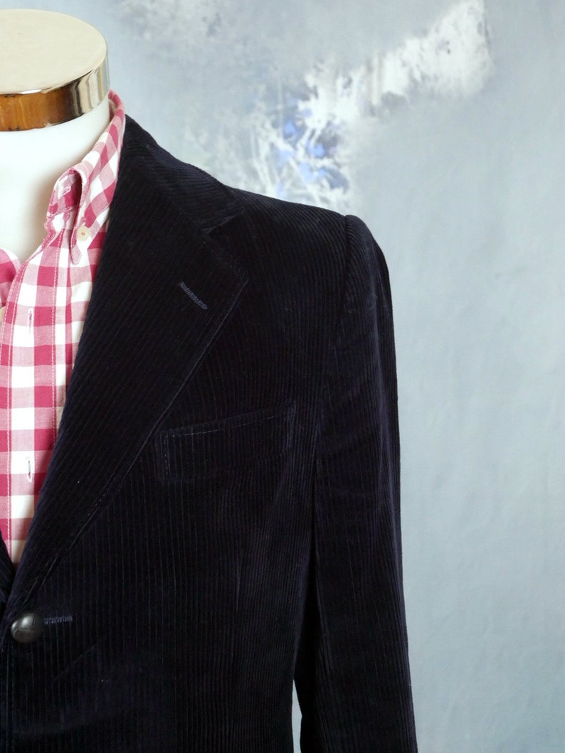 40 USUK 1980s Corduroy Blazer Size Large Dark Navy Blue Cotton Cord Three-Button Single-Breasted German Vintage Retro Jacket
