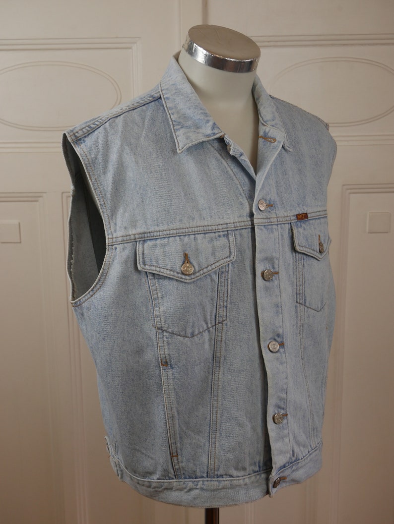 1980er Jeans Weste, Vintage Baumwolle Blau Jeans Weste: XL 46 bis 48 US/UK Bild 4