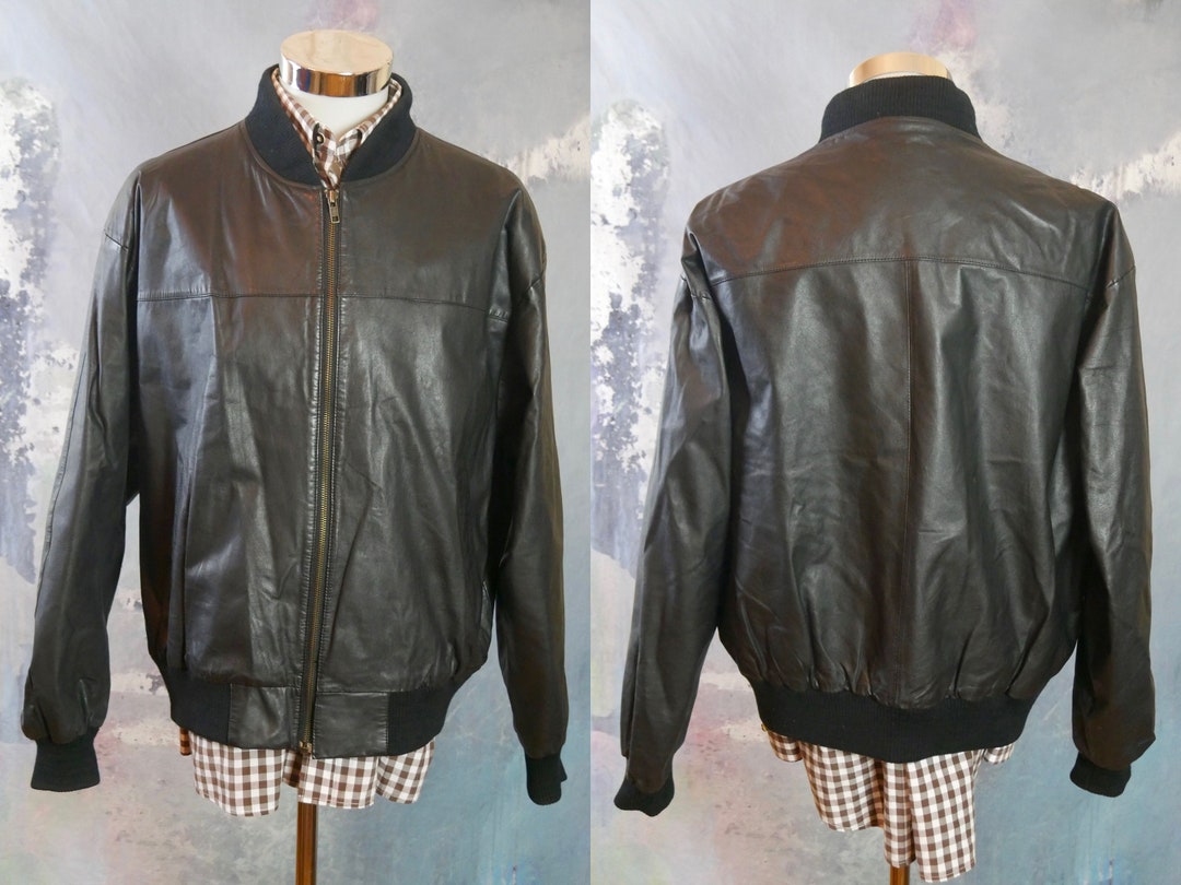 Black Leather Bomber Jacket 1990s Vintage Zippered Coat - Etsy