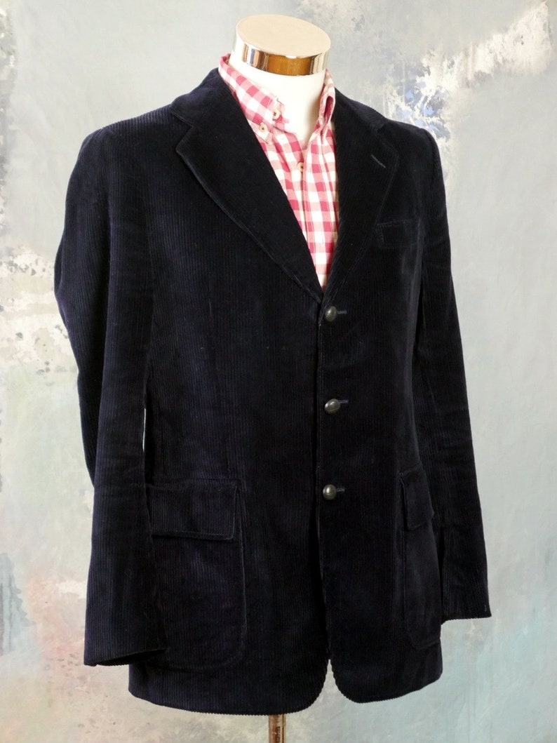 40 USUK 1980s Corduroy Blazer Size Large Dark Navy Blue Cotton Cord Three-Button Single-Breasted German Vintage Retro Jacket