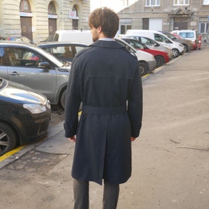 Vintage Trench Coat, 90s Dark Navy Blue Double-Breasted Belted Long Duster Overcoat image 8