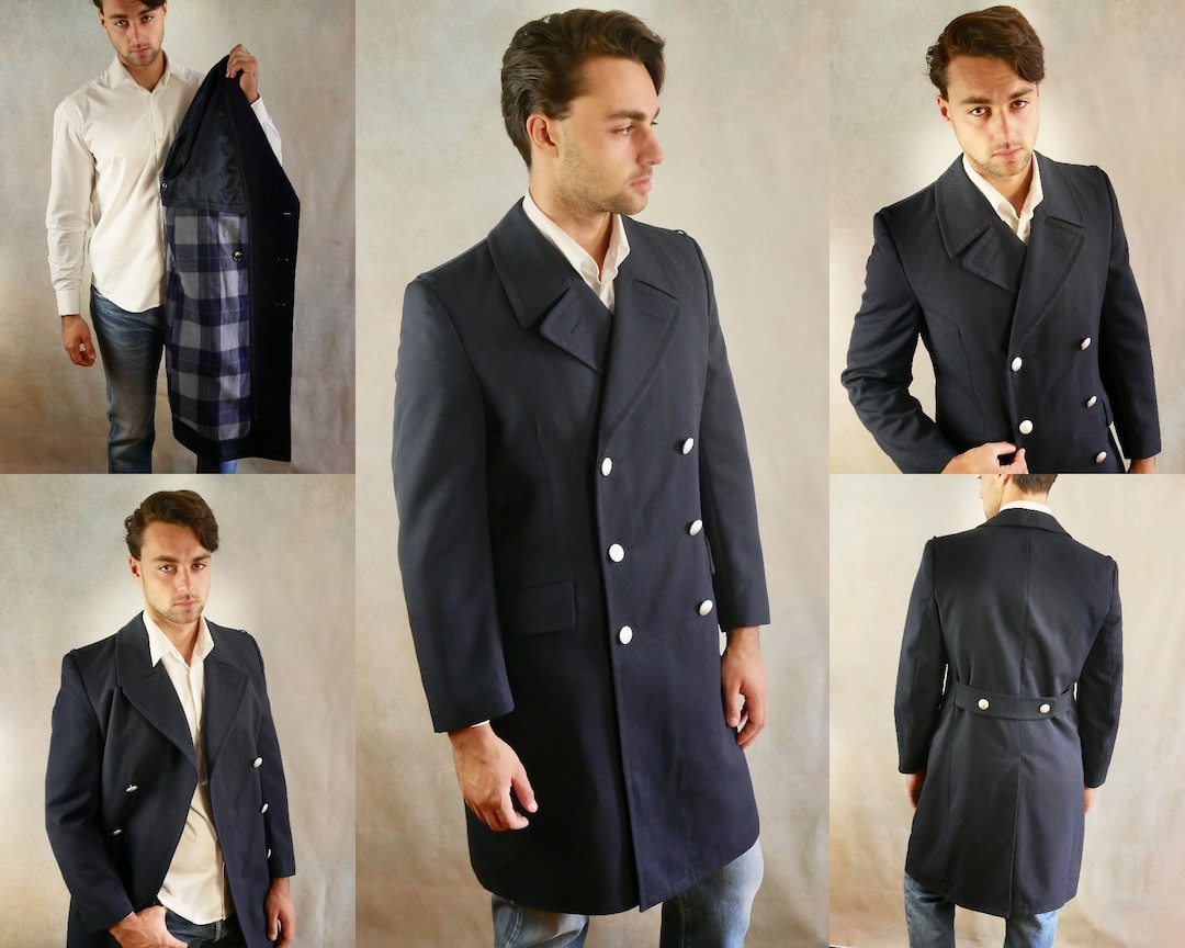 Navy Blue German Military Overcoat, European Vintage Wool