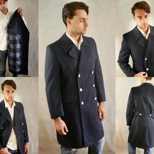 Marineblauer Deutscher Militär Overcoat, Europäische Vintage Wolle Blend Doppelbrust Offiziersmantel mit Silber Knöpfen: Mittel (38 bis 40 US)