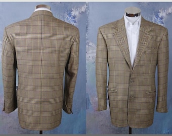 Glen Plaid Blazer, Italienische Vintage Camel Bronze & Dunkelblau Kariert Reine Schurwolle Single-Breasted Jacke, Retro Herrenmode: Gr. 40 US/UK