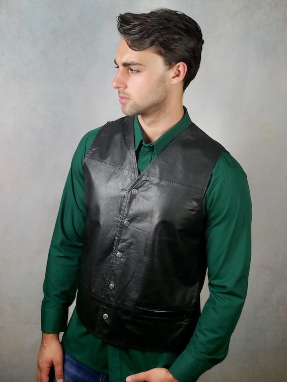 Black 90s Vintage Leather Vest, 1990s Retro Menswear, Size 42 US