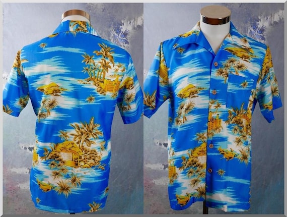 1970s camisa hawaiana azul turquesa verde dorado tropical manga corta camisa de cuello ancho ropa de hombre retro tamano XL 42 EE.UU. Reino Unido Etsy Mexico