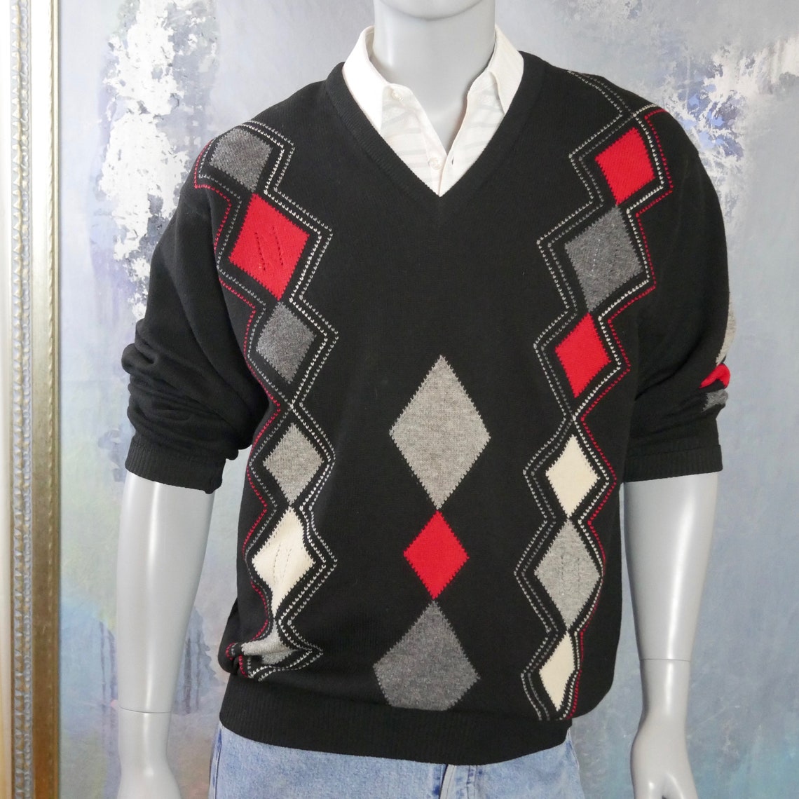 1980s Scottish Vintage Argyle Sweater Black Red Gray & White | Etsy