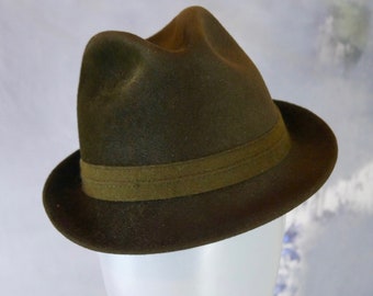1960s Olive Brown Lapin Hair Trilby Hat, German Vintage Rabbit Fur Felt Fedora: Size Small (6 7/8 US, 6 3/4 UK, 55 EU, 21 5/8 inches)