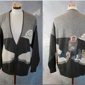 Golf Lover Sweater, 1990s European Vintage Charcoal Gray Light Gray & Winter White Shetland and Angora Wool Cardigan: XXL (48 to 50 US/UK)