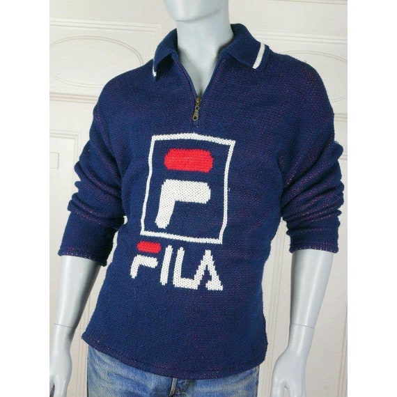 1980s FILA Knit Sweater, Vintage Navy Blue Red Wh… - image 1