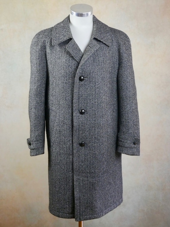 Gray Tweed Wool Coat, 80s Mens Vintage Overcoat, Size… - Gem