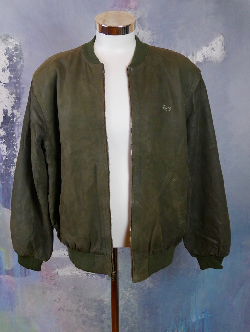 1980s Vintage Guess Jeans USA Pigskin Zippered Varsity Style Jacket XL Olive Green Leather Bomber Jacket 42 to 44 usuk