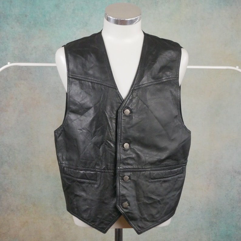 Black Leather Vest 90s European Vintage Size Large 42 to 44 - Etsy