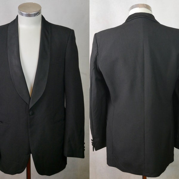 Black Tuxedo Jacket, European Vintage Retro Shawl Collar Dinner Jacket, Wool Smoking Jacket: Size 38 Long, 38L US/UK