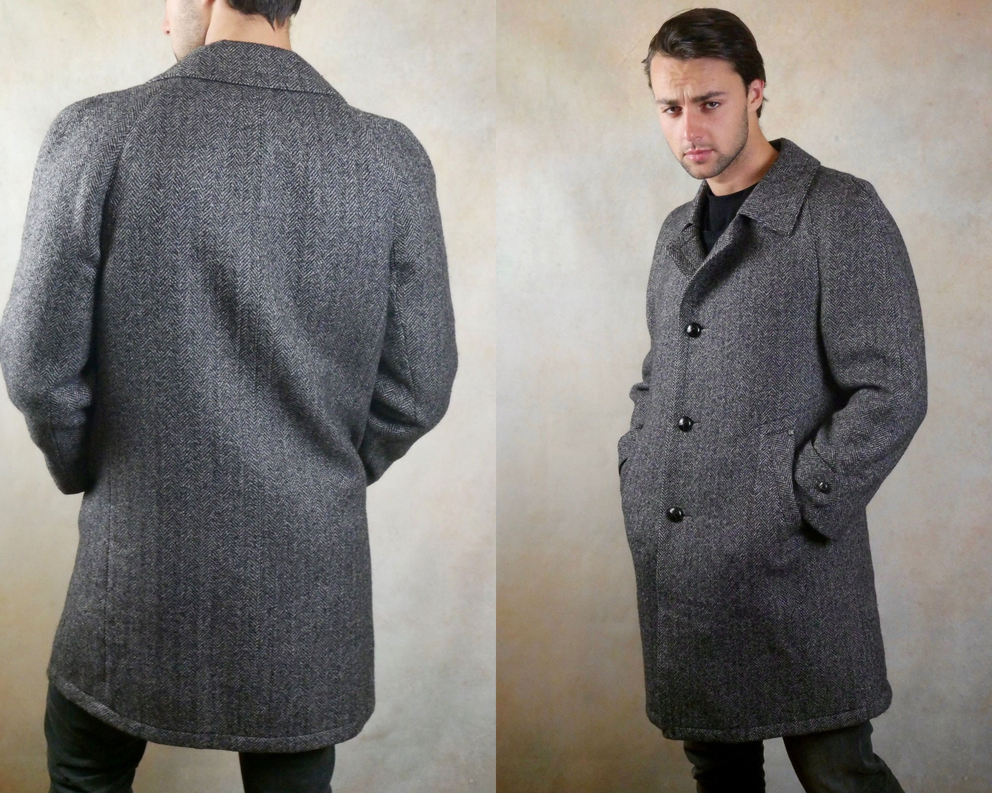 Gray Tweed Wool Coat 80s Mens Vintage Overcoat Size 44 Short - Etsy