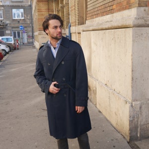 Vintage Trench Coat, 90s Dark Navy Blue Double-Breasted Belted Long Duster Overcoat image 4