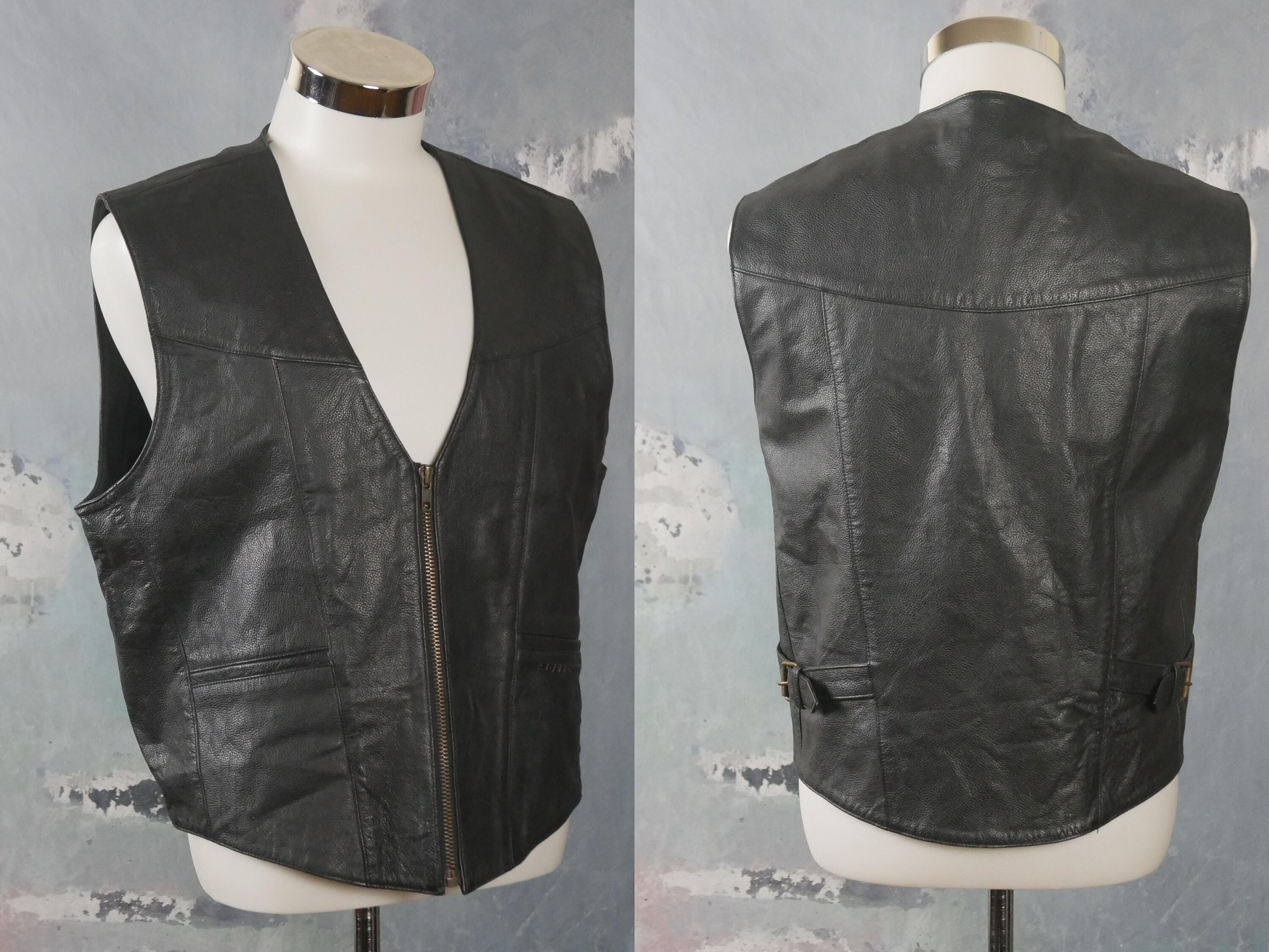 Black Leather Vest European Vintage 1990s Zippered Genuine - Etsy