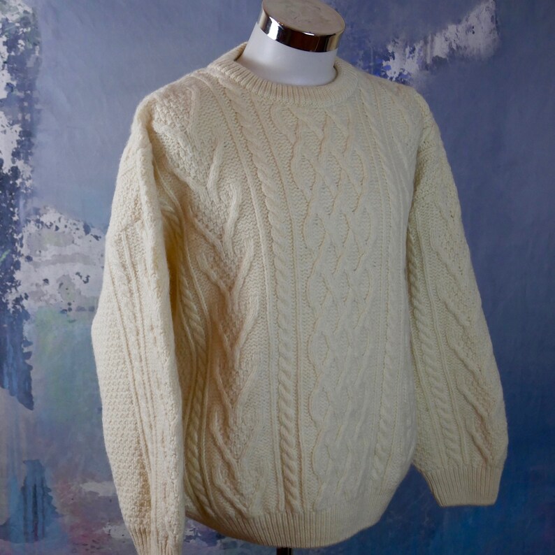 Retro Menswear: XXL 46 to 48 USUK British Vintage Aran Style Soft Wool Crew Neck Chunky Fisherman Pullover Cream Cable Knit Sweater