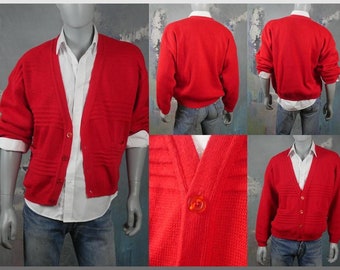 Red Cardigan Sweater, Italian Vintage Retro Knit Menswear: Size XL (46 to 48 US/UK)