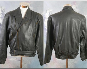 Black Leather Biker Jacket, 1980s European Vintage Zip Up Motorcycle Perfecto Style: Size XL (44 US/UK)