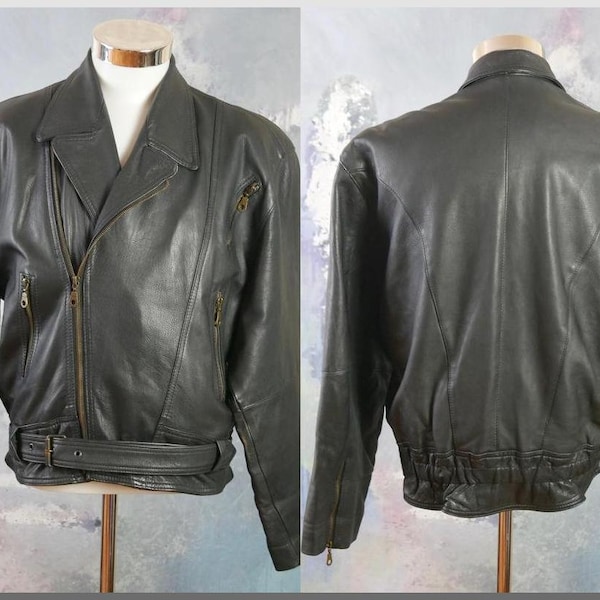 Veste biker en cuir noir, vintage européen des années 1980 Zip Up Motorcycle Perfecto Style: Size XL (44 US/UK)