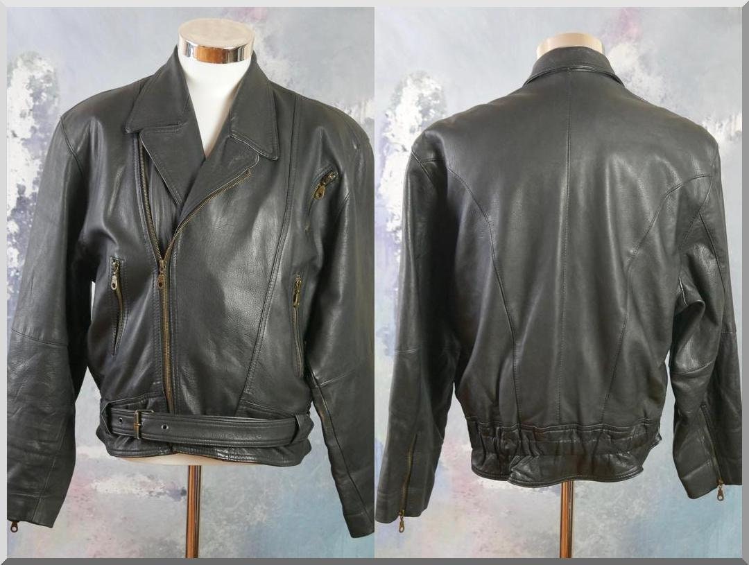 Black Leather Biker Jacket, 1980s European Vintage Zip up Black Leather Biker Jacket, 1980s European Vintage Zip up